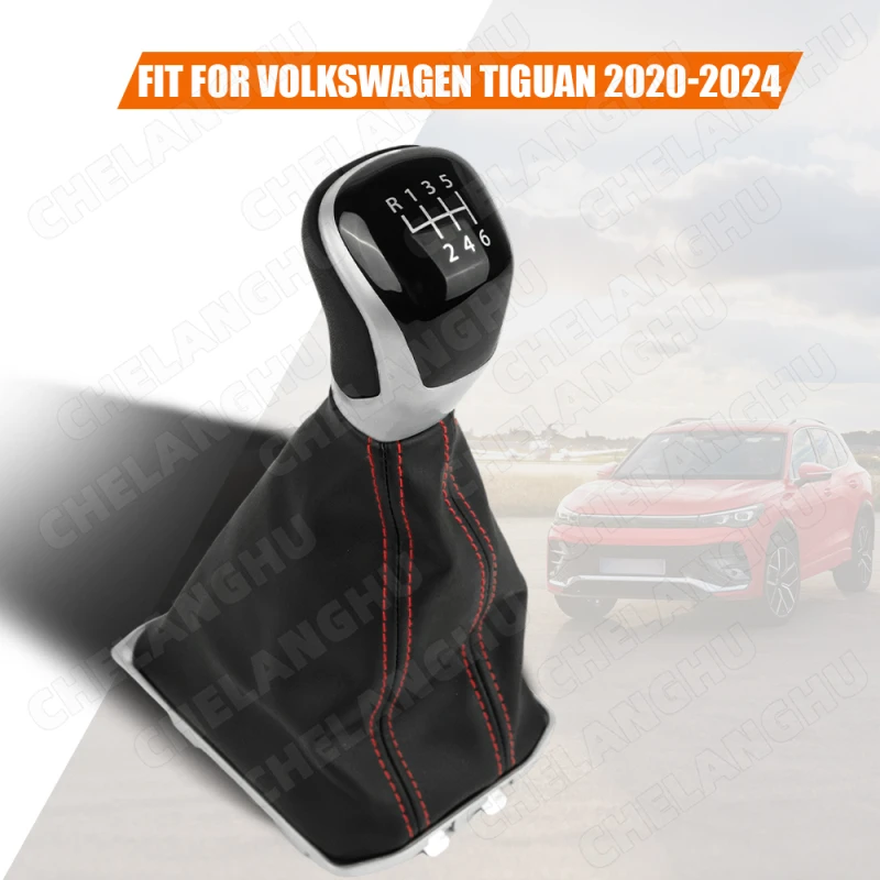6 Speed Gear Shift Knob With PU Leather Boot Fit For VW Tiguan 2020 2021 2022 2023 2024 Black Or Red Line - Image 2